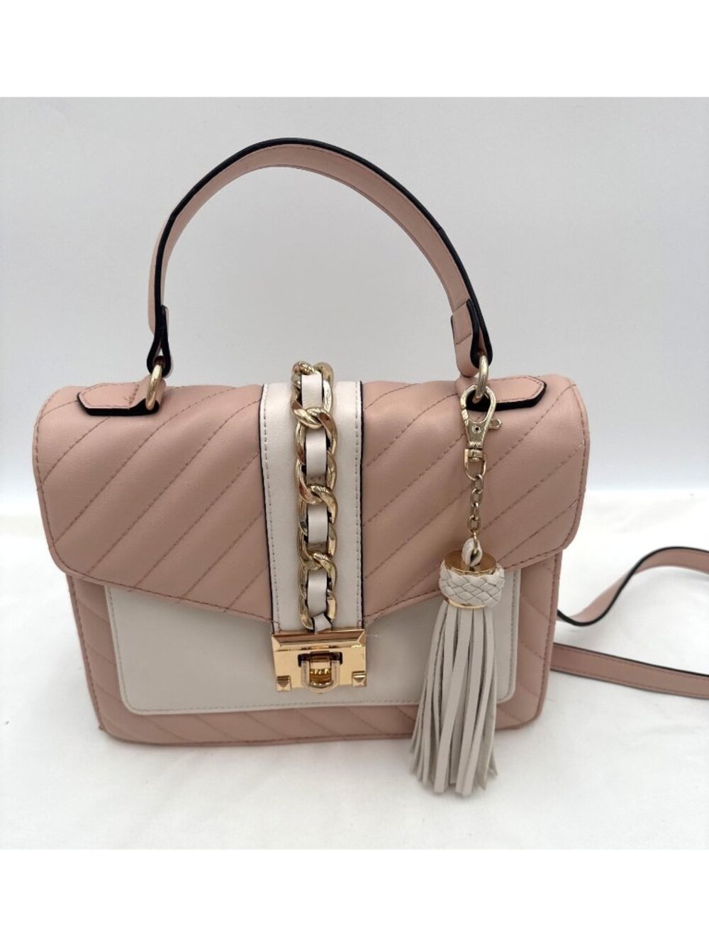 ALDO Quilted Pink & White Crossbody Bag Gold Chain Accent & Tassel Charm